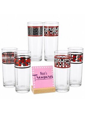 Home Essential CLASSIC GAMES Style 1916 Black Red Motif Highball Glasses Set 6